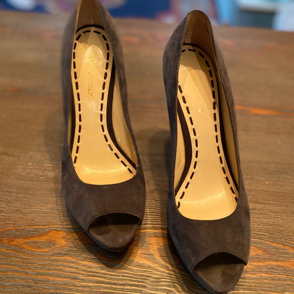 Grey Suede Peep Toe Pumps